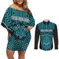Custom Basketball New Zealand Couples Matching Off Shoulder Short Dress and Long Sleeve Button Shirt Teal Maori Ta Moko Indigenous - Aussie Hoodie