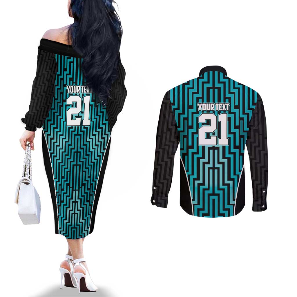 Custom Basketball New Zealand Couples Matching Off The Shoulder Long Sleeve Dress and Long Sleeve Button Shirt Teal Maori Ta Moko Indigenous - Aussie Hoodie