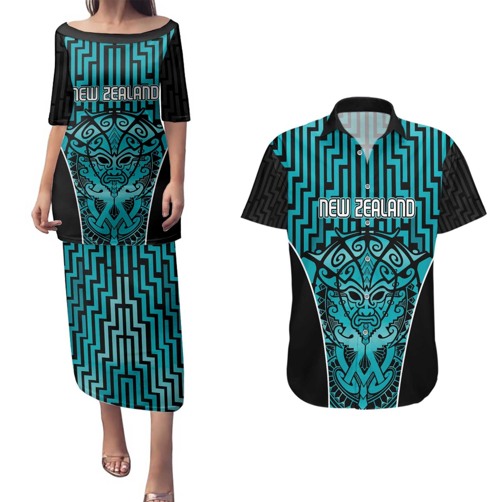 Custom Basketball New Zealand Couples Matching Puletasi and Hawaiian Shirt Teal Maori Ta Moko Indigenous - Aussie Hoodie