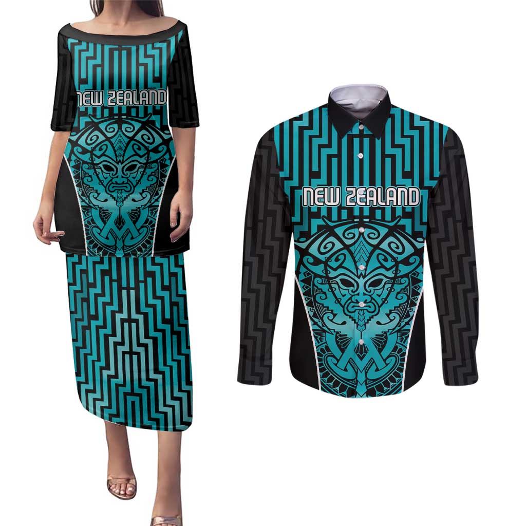 Custom Basketball New Zealand Couples Matching Puletasi and Long Sleeve Button Shirt Teal Maori Ta Moko Indigenous - Aussie Hoodie