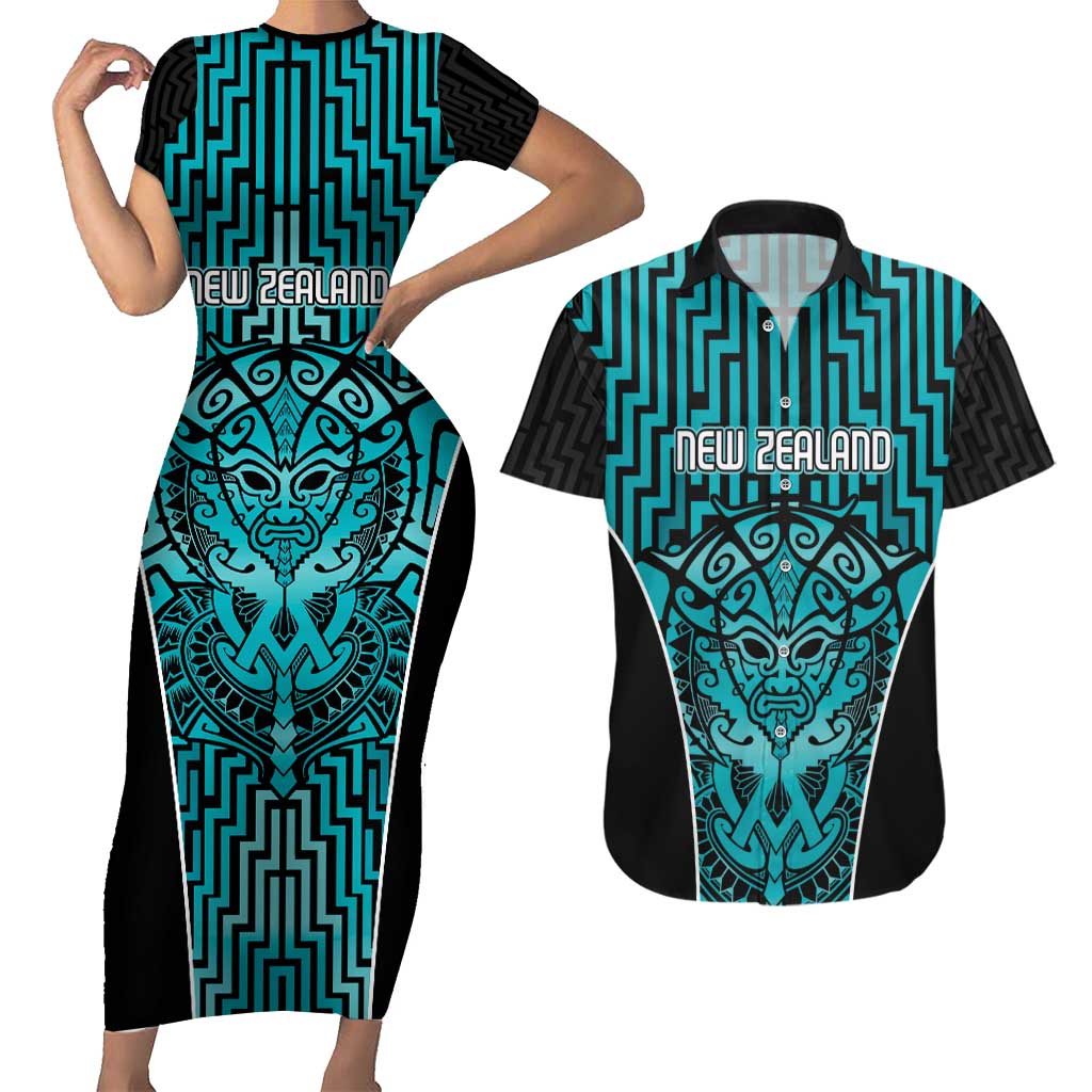 Custom Basketball New Zealand Couples Matching Short Sleeve Bodycon Dress and Hawaiian Shirt Teal Maori Ta Moko Indigenous - Aussie Hoodie