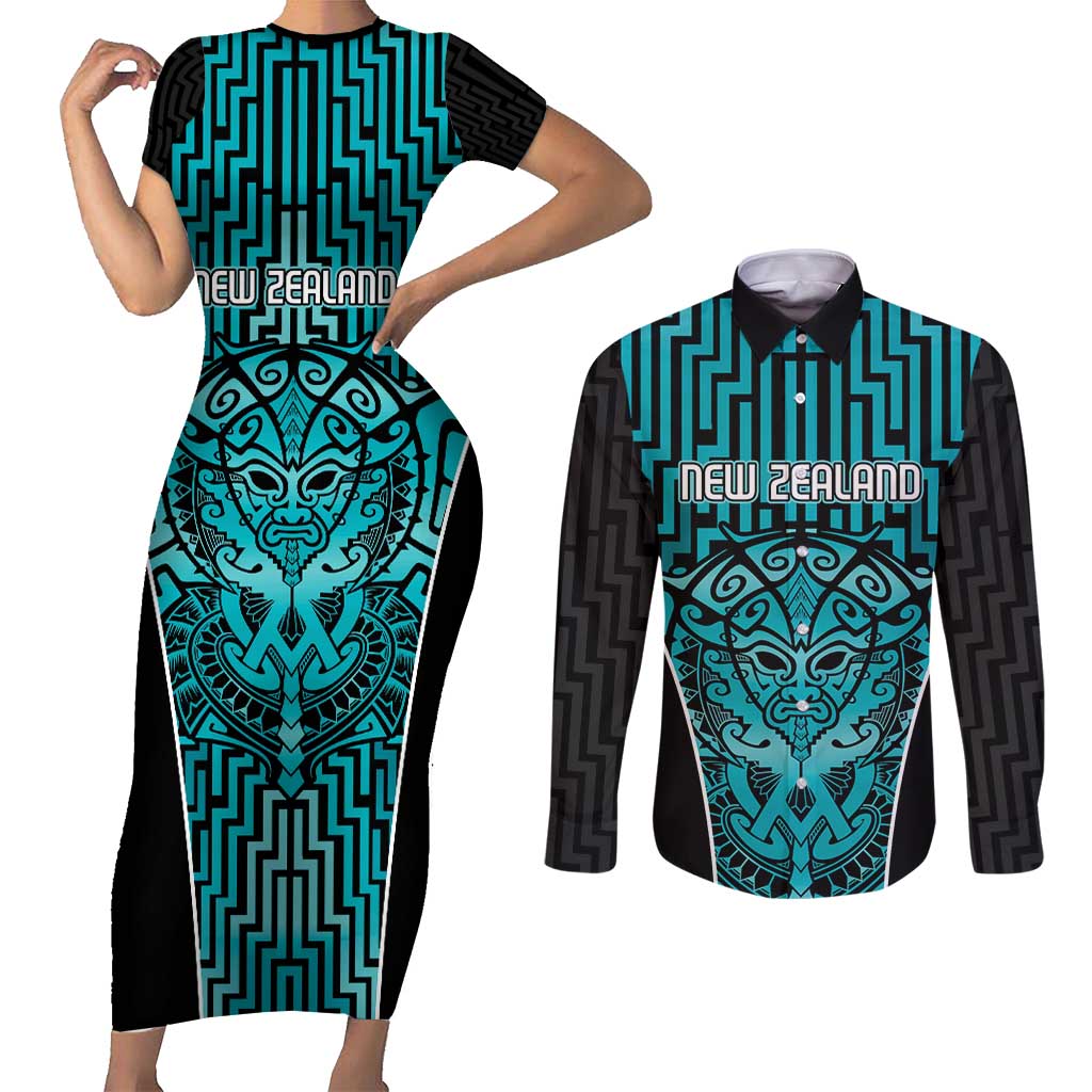 Custom Basketball New Zealand Couples Matching Short Sleeve Bodycon Dress and Long Sleeve Button Shirt Teal Maori Ta Moko Indigenous - Aussie Hoodie