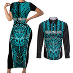 Custom Basketball New Zealand Couples Matching Short Sleeve Bodycon Dress and Long Sleeve Button Shirt Teal Maori Ta Moko Indigenous - Aussie Hoodie