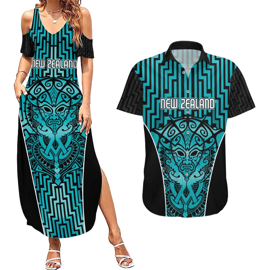 Custom Basketball New Zealand Couples Matching Summer Maxi Dress and Hawaiian Shirt Teal Maori Ta Moko Indigenous - Aussie Hoodie