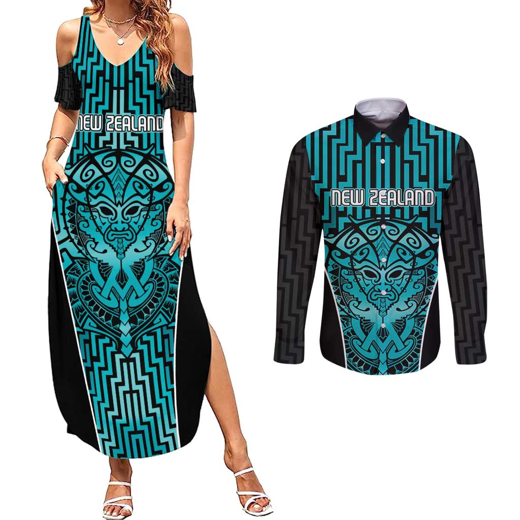 Custom Basketball New Zealand Couples Matching Summer Maxi Dress and Long Sleeve Button Shirt Teal Maori Ta Moko Indigenous - Aussie Hoodie