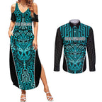 Custom Basketball New Zealand Couples Matching Summer Maxi Dress and Long Sleeve Button Shirt Teal Maori Ta Moko Indigenous - Aussie Hoodie