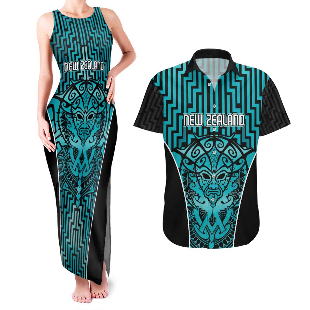 Custom Basketball New Zealand Couples Matching Tank Maxi Dress and Hawaiian Shirt Teal Maori Ta Moko Indigenous - Aussie Hoodie
