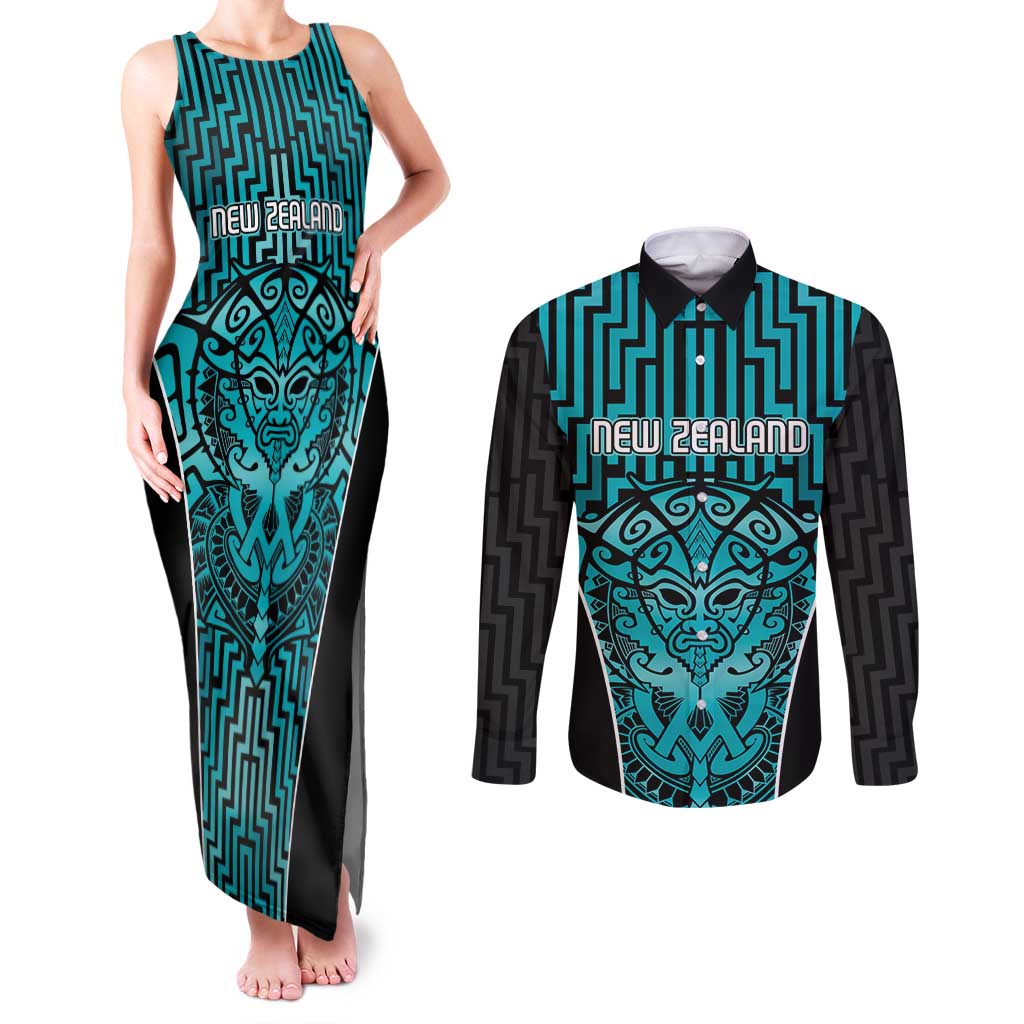 Custom Basketball New Zealand Couples Matching Tank Maxi Dress and Long Sleeve Button Shirt Teal Maori Ta Moko Indigenous - Aussie Hoodie