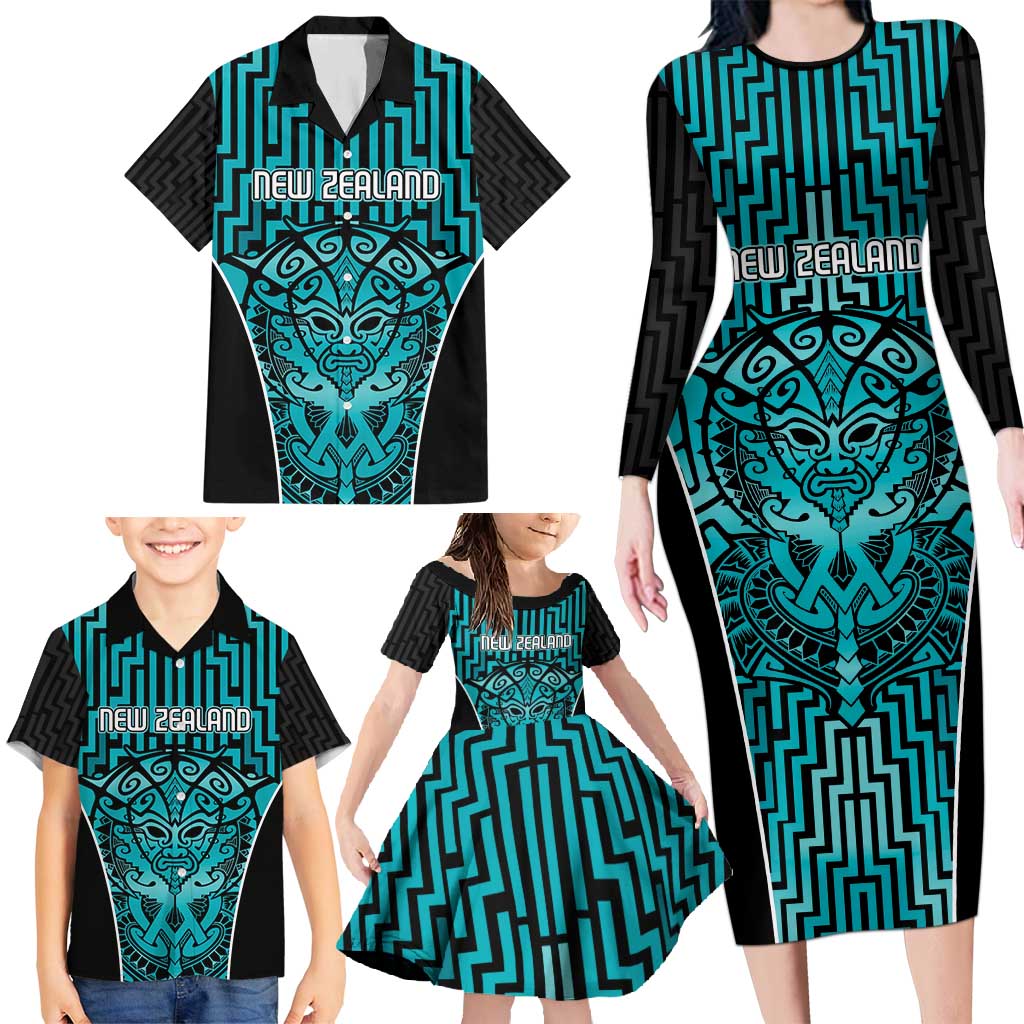 Custom Basketball New Zealand Family Matching Long Sleeve Bodycon Dress and Hawaiian Shirt Teal Maori Ta Moko Indigenous - Aussie Hoodie