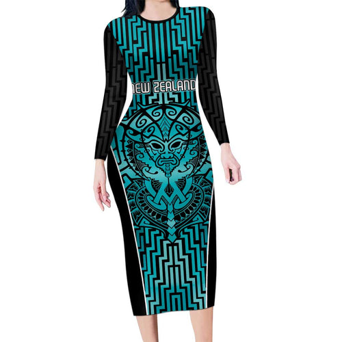 Custom Basketball New Zealand Family Matching Long Sleeve Bodycon Dress and Hawaiian Shirt Teal Maori Ta Moko Indigenous - Aussie Hoodie