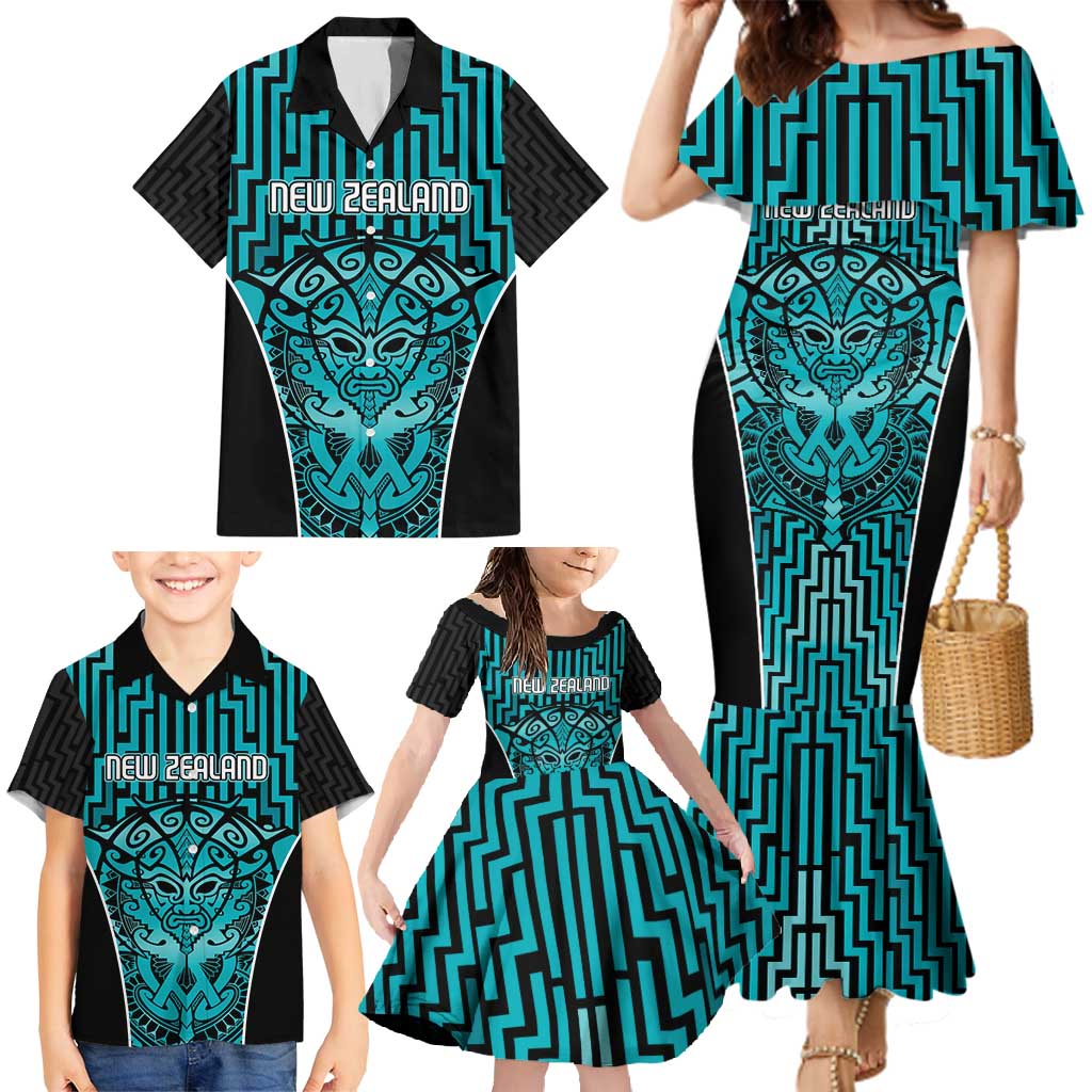 Custom Basketball New Zealand Family Matching Mermaid Dress and Hawaiian Shirt Teal Maori Ta Moko Indigenous - Aussie Hoodie