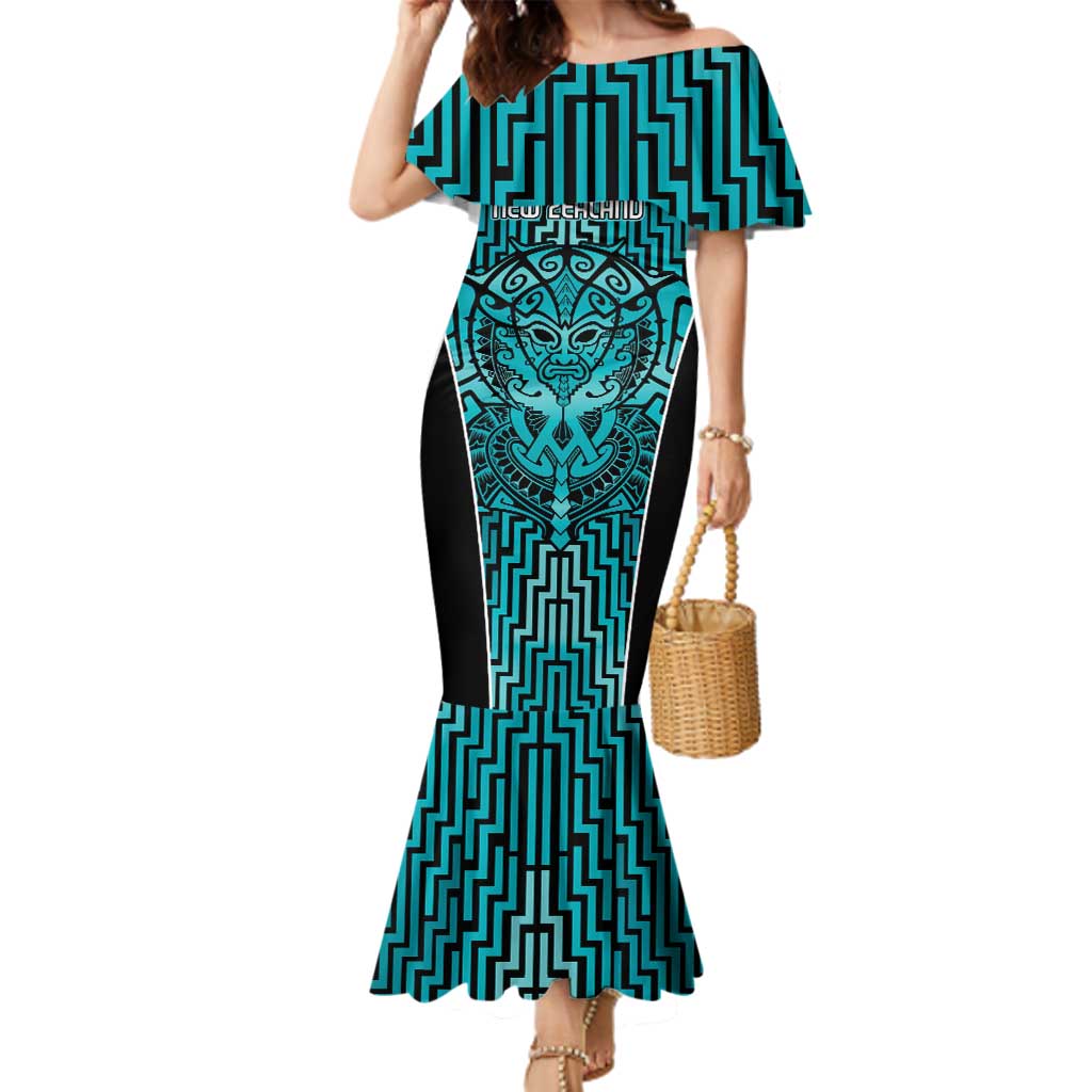 Custom Basketball New Zealand Family Matching Mermaid Dress and Hawaiian Shirt Teal Maori Ta Moko Indigenous - Aussie Hoodie