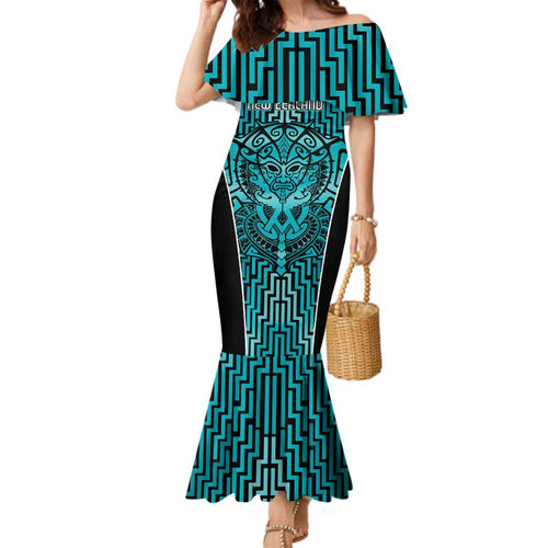 Custom Basketball New Zealand Family Matching Mermaid Dress and Hawaiian Shirt Teal Maori Ta Moko Indigenous - Aussie Hoodie