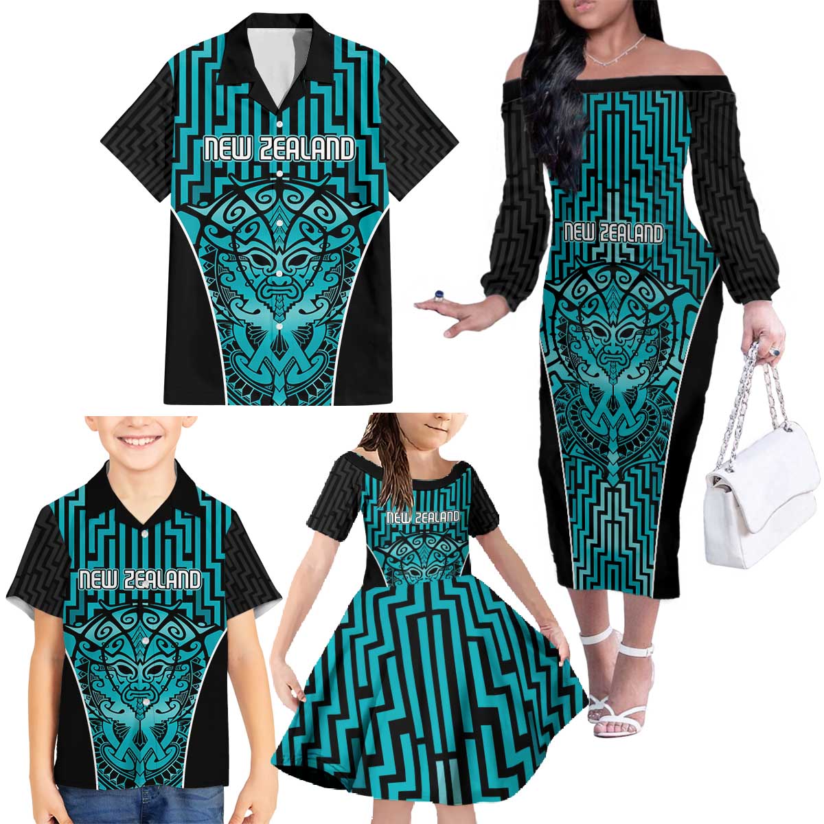 Custom Basketball New Zealand Family Matching Off The Shoulder Long Sleeve Dress and Hawaiian Shirt Teal Maori Ta Moko Indigenous - Aussie Hoodie