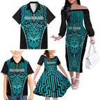 Custom Basketball New Zealand Family Matching Off The Shoulder Long Sleeve Dress and Hawaiian Shirt Teal Maori Ta Moko Indigenous - Aussie Hoodie