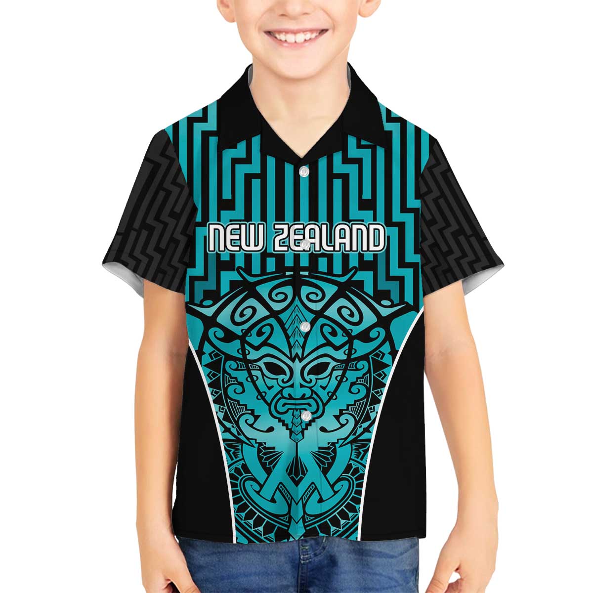 Custom Basketball New Zealand Family Matching Off The Shoulder Long Sleeve Dress and Hawaiian Shirt Teal Maori Ta Moko Indigenous - Aussie Hoodie