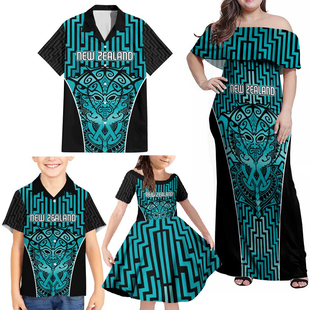 Custom Basketball New Zealand Family Matching Off Shoulder Maxi Dress and Hawaiian Shirt Teal Maori Ta Moko Indigenous - Aussie Hoodie