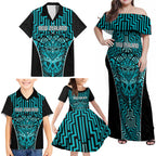 Custom Basketball New Zealand Family Matching Off Shoulder Maxi Dress and Hawaiian Shirt Teal Maori Ta Moko Indigenous - Aussie Hoodie