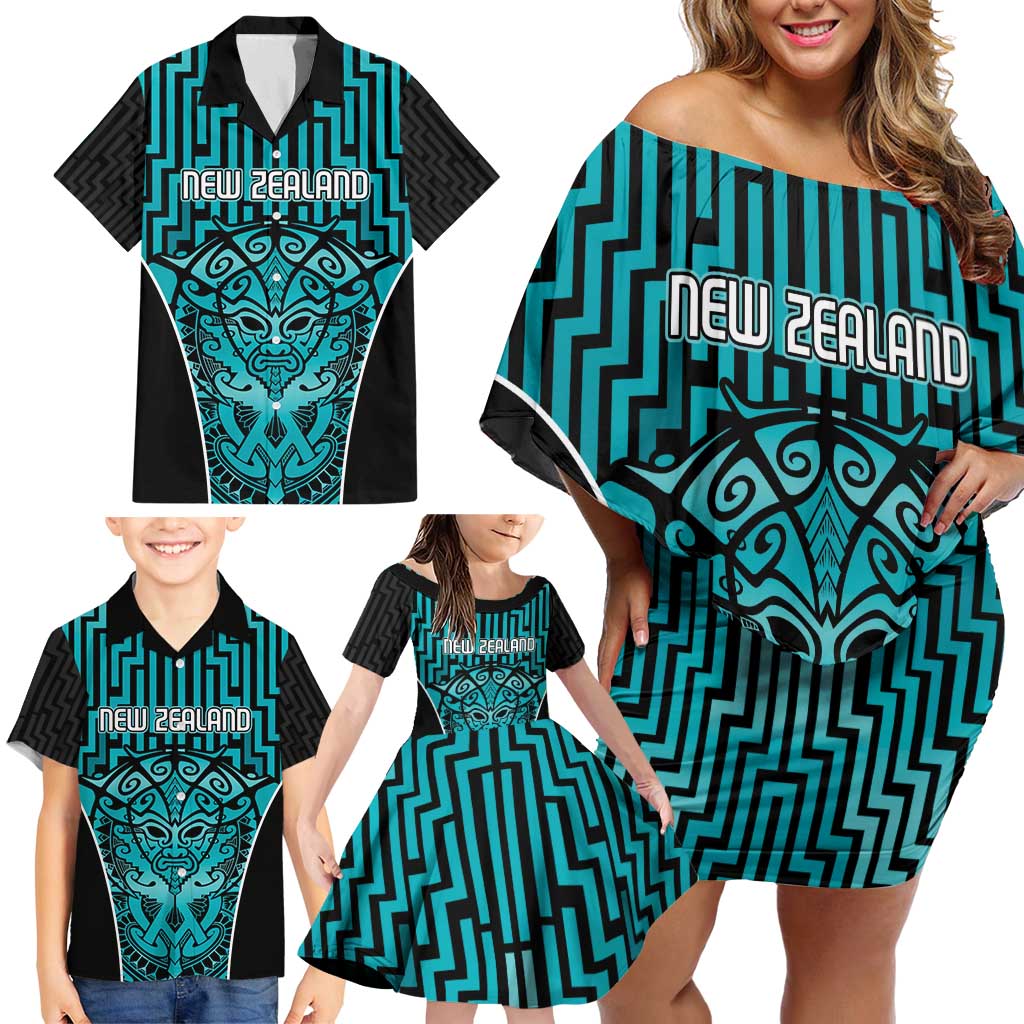 Custom Basketball New Zealand Family Matching Off Shoulder Short Dress and Hawaiian Shirt Teal Maori Ta Moko Indigenous - Aussie Hoodie