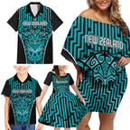 Custom Basketball New Zealand Family Matching Off Shoulder Short Dress and Hawaiian Shirt Teal Maori Ta Moko Indigenous - Aussie Hoodie