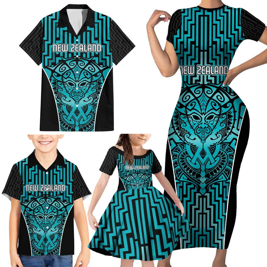 Custom Basketball New Zealand Family Matching Short Sleeve Bodycon Dress and Hawaiian Shirt Teal Maori Ta Moko Indigenous - Aussie Hoodie