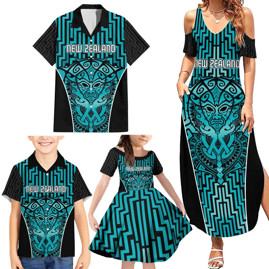 Custom Basketball New Zealand Family Matching Summer Maxi Dress and Hawaiian Shirt Teal Maori Ta Moko Indigenous - Aussie Hoodie
