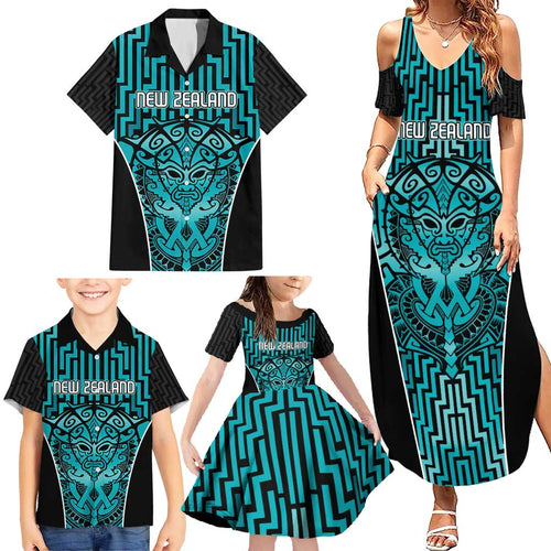 Custom Basketball New Zealand Family Matching Summer Maxi Dress and Hawaiian Shirt Teal Maori Ta Moko Indigenous - Aussie Hoodie