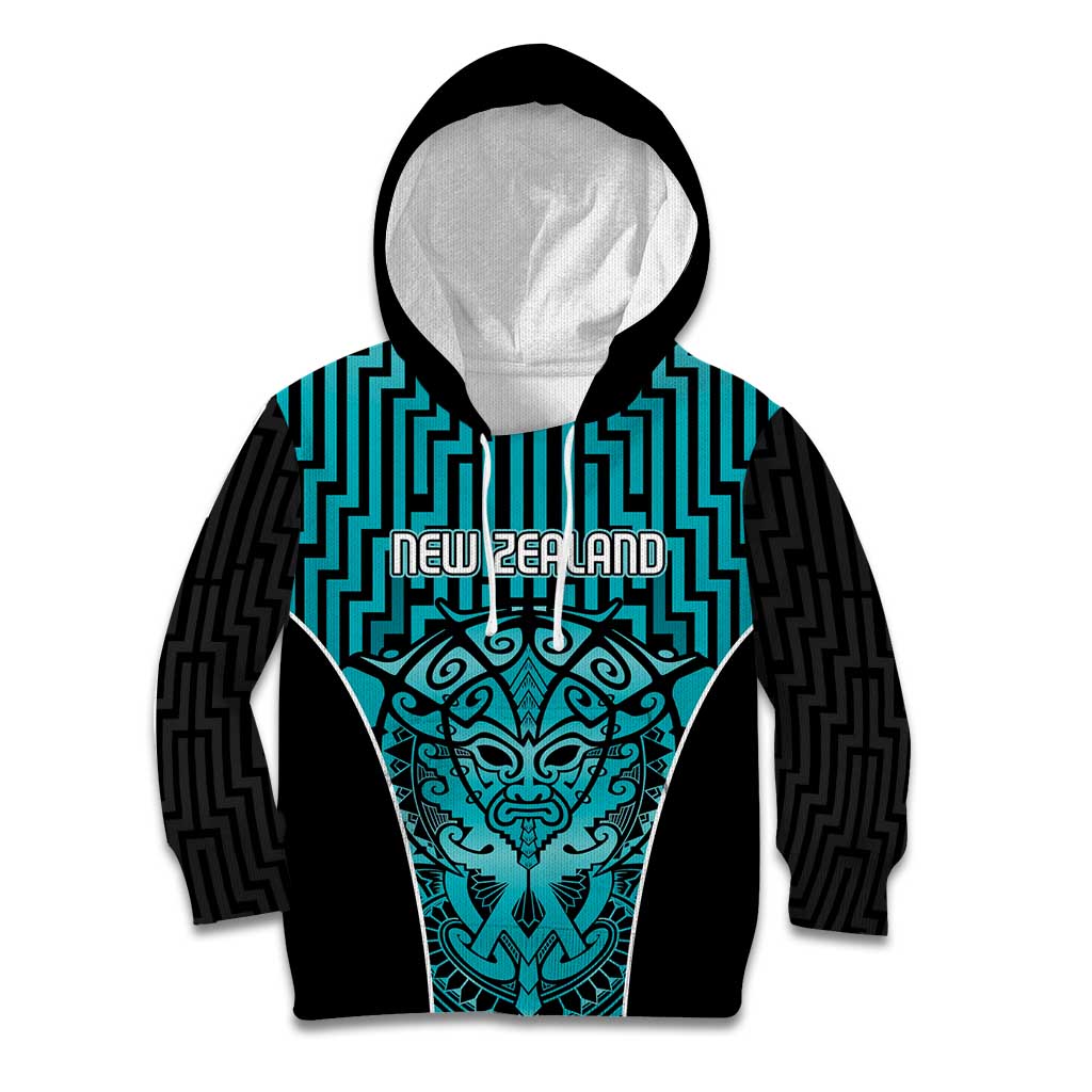 Custom Basketball New Zealand Kid Hoodie Teal Maori Ta Moko Indigenous - Aussie Hoodie