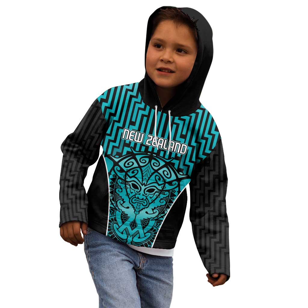 Custom Basketball New Zealand Kid Hoodie Teal Maori Ta Moko Indigenous - Aussie Hoodie