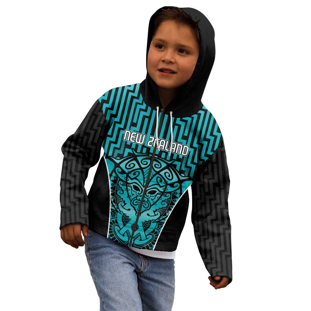Custom Basketball New Zealand Kid Hoodie Teal Maori Ta Moko Indigenous - Aussie Hoodie