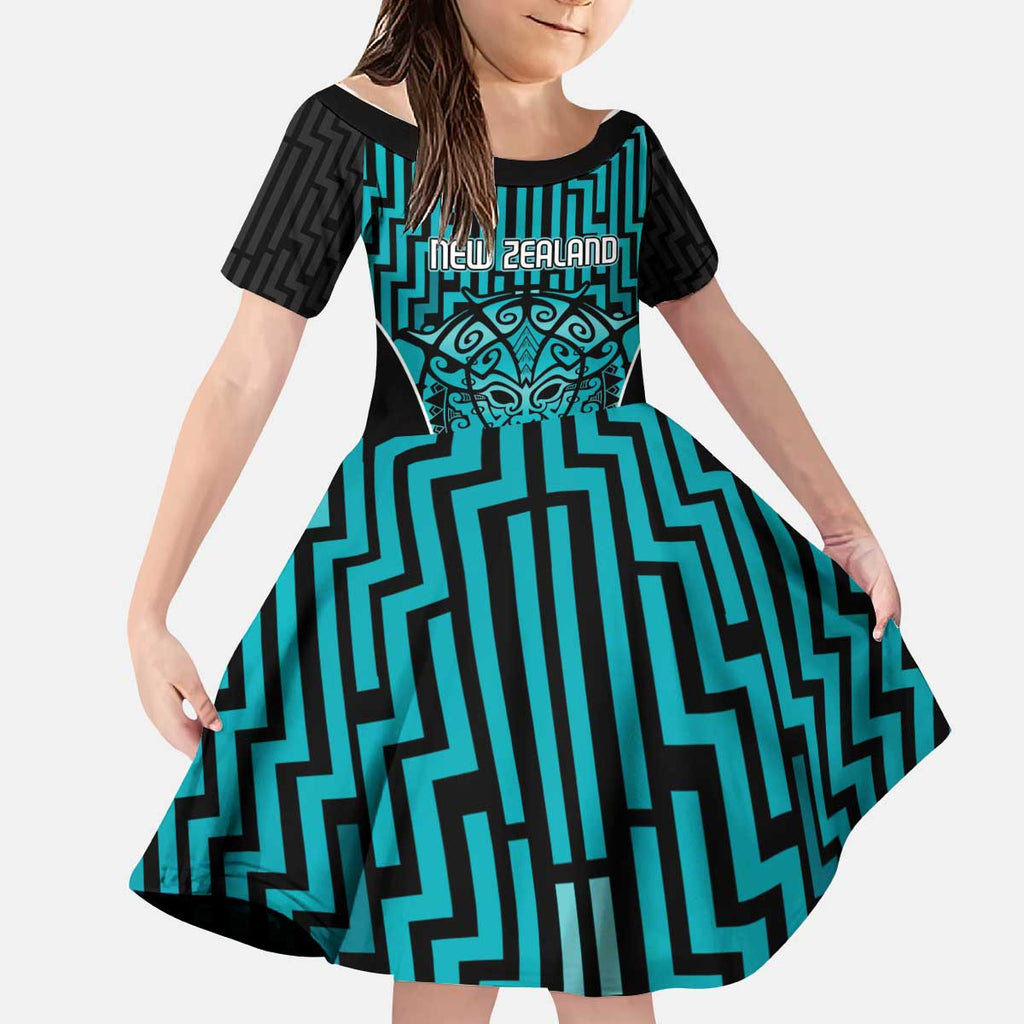 Custom Basketball New Zealand Kid Short Sleeve Dress Teal Maori Ta Moko Indigenous - Aussie Hoodie