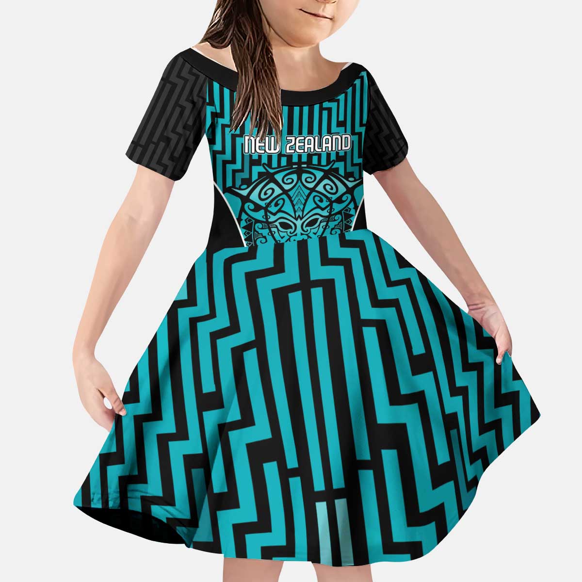 Custom Basketball New Zealand Kid Short Sleeve Dress Teal Maori Ta Moko Indigenous - Aussie Hoodie