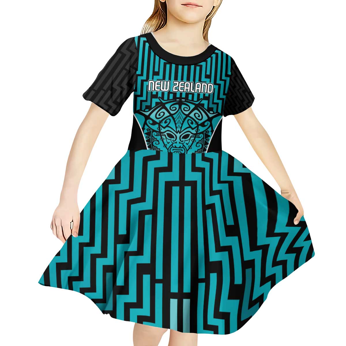 Custom Basketball New Zealand Kid Short Sleeve Dress Teal Maori Ta Moko Indigenous - Aussie Hoodie