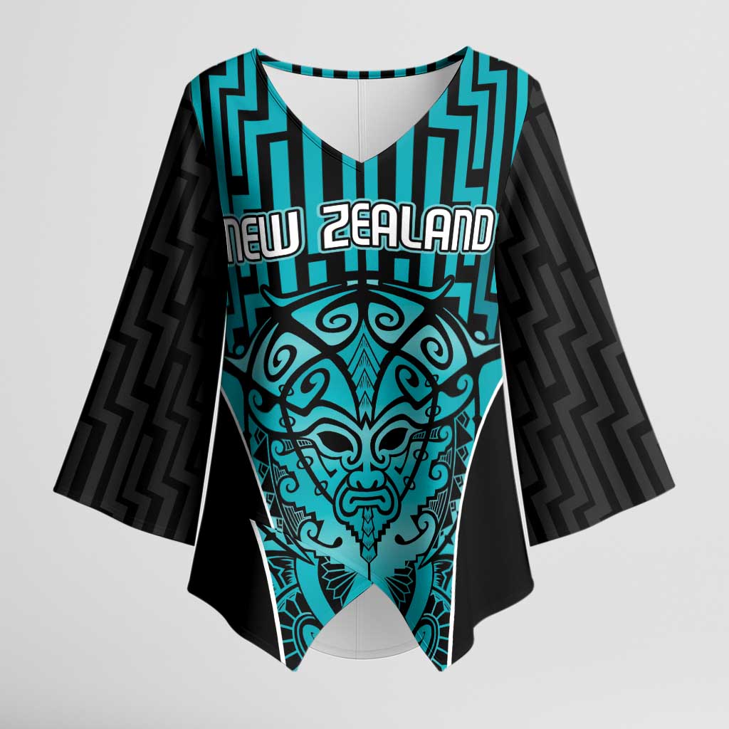 Custom Basketball New Zealand Kimono Sleeve Blouse Teal Maori Ta Moko Indigenous - Aussie Hoodie