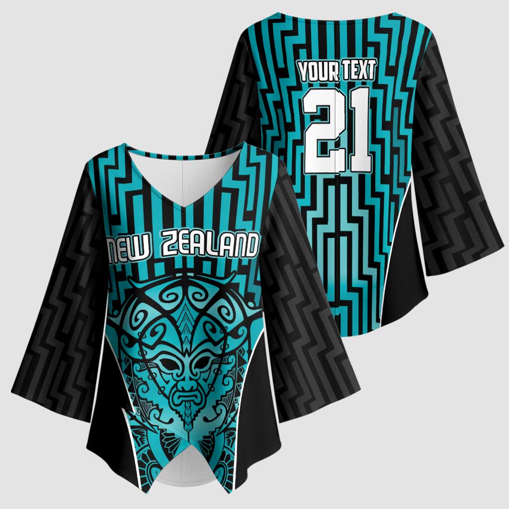 Custom Basketball New Zealand Kimono Sleeve Blouse Teal Maori Ta Moko Indigenous - Aussie Hoodie
