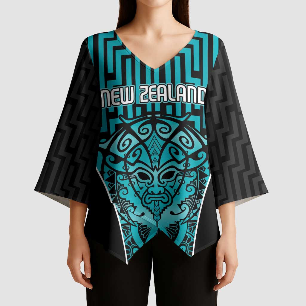 Custom Basketball New Zealand Kimono Sleeve Blouse Teal Maori Ta Moko Indigenous - Aussie Hoodie