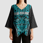 Custom Basketball New Zealand Kimono Sleeve Blouse Teal Maori Ta Moko Indigenous - Aussie Hoodie