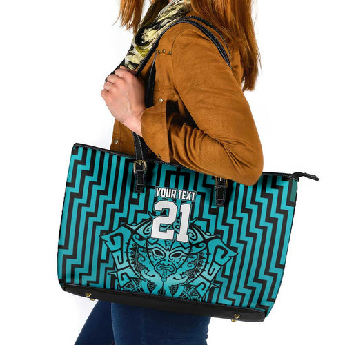 Custom Basketball New Zealand Leather Tote Bag Teal Maori Ta Moko Indigenous - Aussie Hoodie