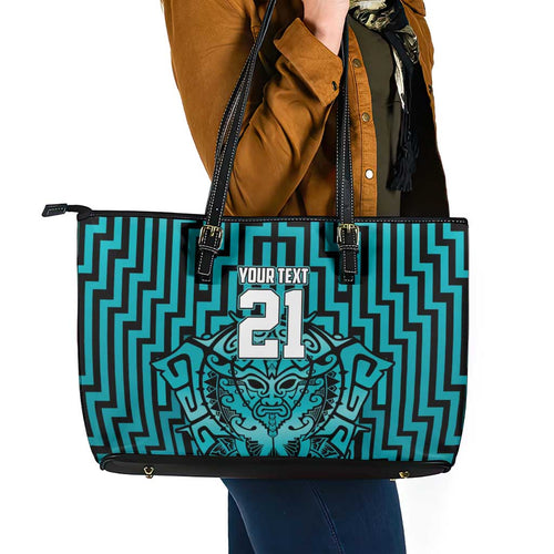 Custom Basketball New Zealand Leather Tote Bag Teal Maori Ta Moko Indigenous - Aussie Hoodie