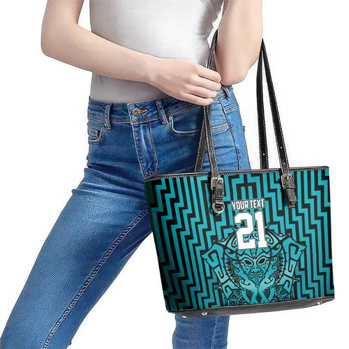 Custom Basketball New Zealand Leather Tote Bag Teal Maori Ta Moko Indigenous - Aussie Hoodie