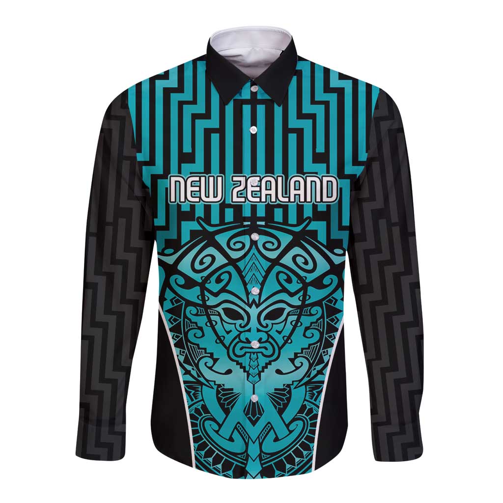 Custom Basketball New Zealand Long Sleeve Button Shirt Teal Maori Ta Moko Indigenous - Aussie Hoodie