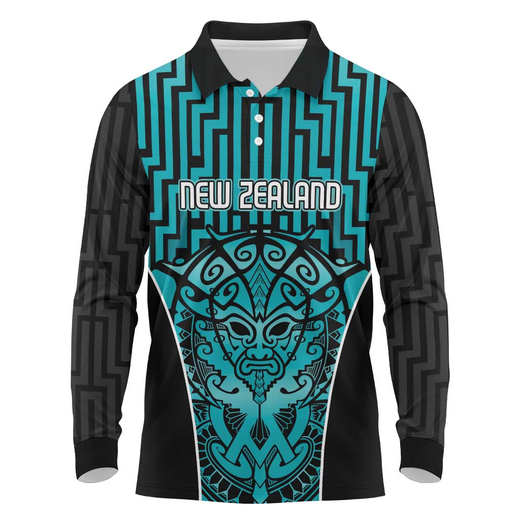 Custom Basketball New Zealand Long Sleeve Polo Shirt Teal Maori Ta Moko Indigenous - Aussie Hoodie