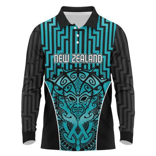 Custom Basketball New Zealand Long Sleeve Polo Shirt Teal Maori Ta Moko Indigenous - Aussie Hoodie