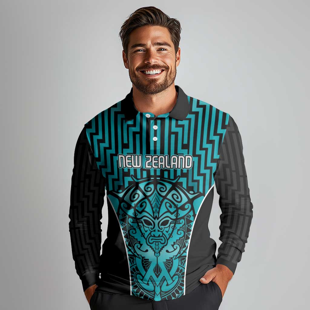 Custom Basketball New Zealand Long Sleeve Polo Shirt Teal Maori Ta Moko Indigenous - Aussie Hoodie