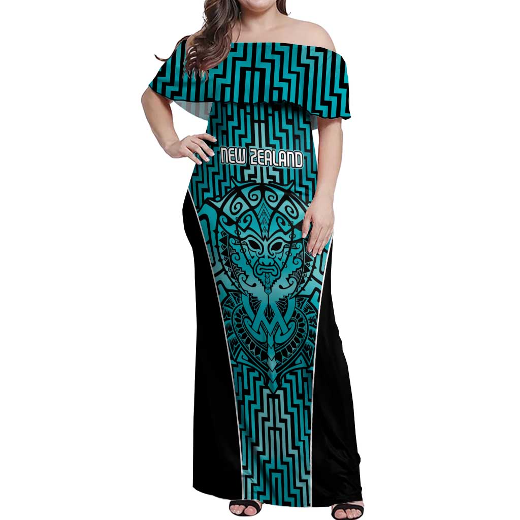 Custom Basketball New Zealand Off Shoulder Maxi Dress Teal Maori Ta Moko Indigenous - Aussie Hoodie