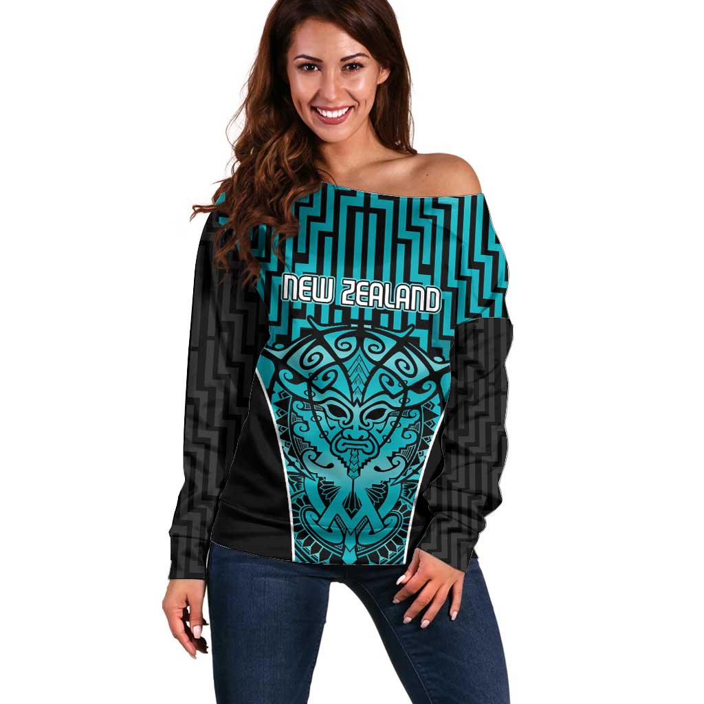 Custom Basketball New Zealand Off Shoulder Sweater Teal Maori Ta Moko Indigenous - Aussie Hoodie