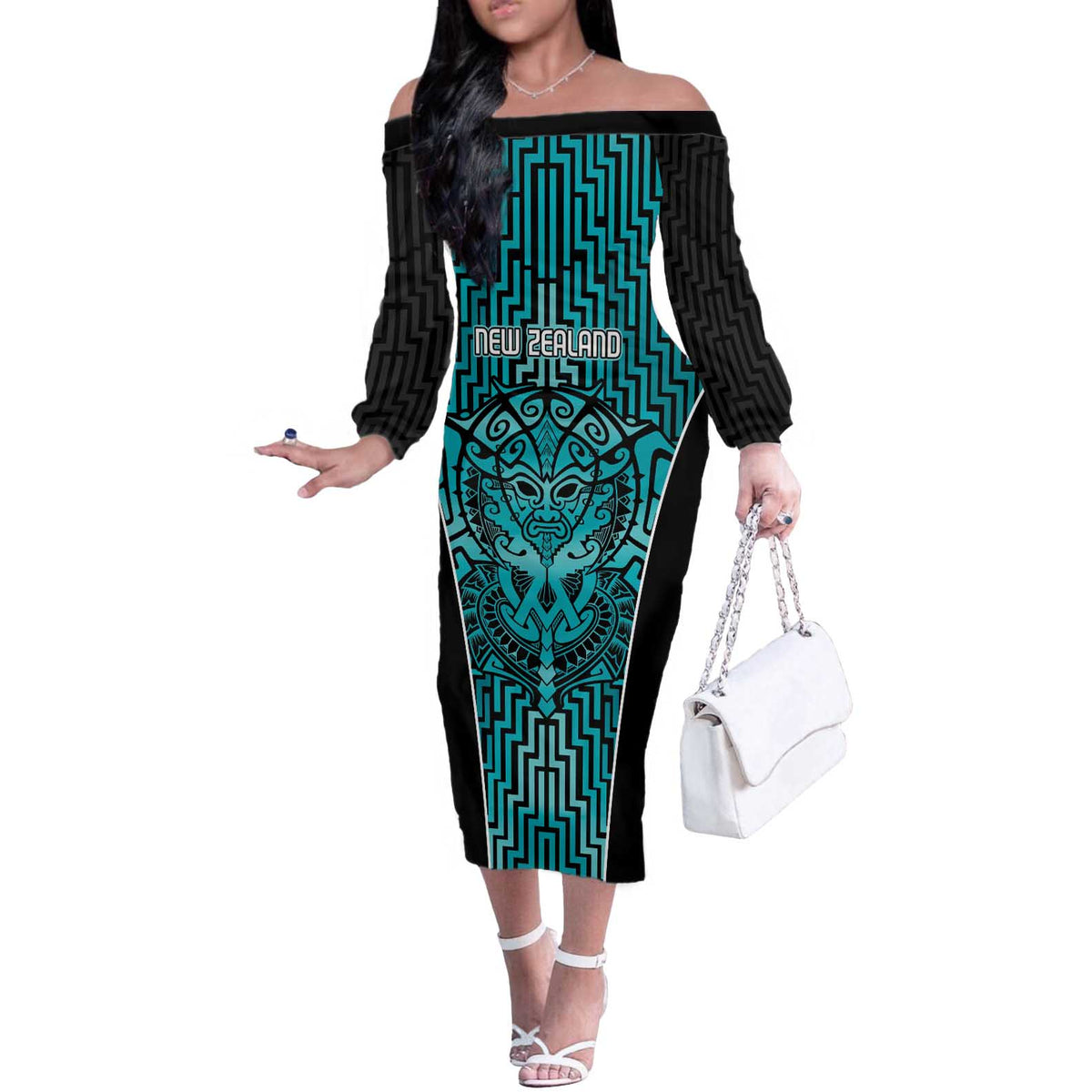 Custom Basketball New Zealand Off The Shoulder Long Sleeve Dress Teal Maori Ta Moko Indigenous - Aussie Hoodie