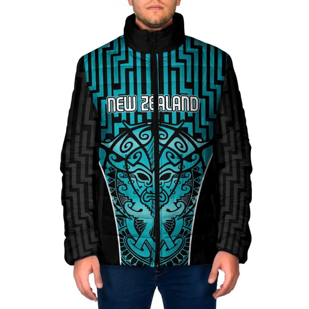 Custom Basketball New Zealand Padded Jacket Teal Maori Ta Moko Indigenous - Aussie Hoodie