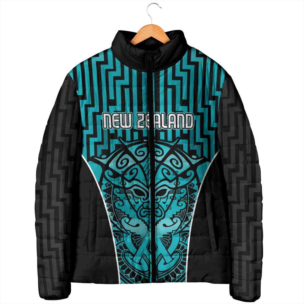 Custom Basketball New Zealand Padded Jacket Teal Maori Ta Moko Indigenous - Aussie Hoodie