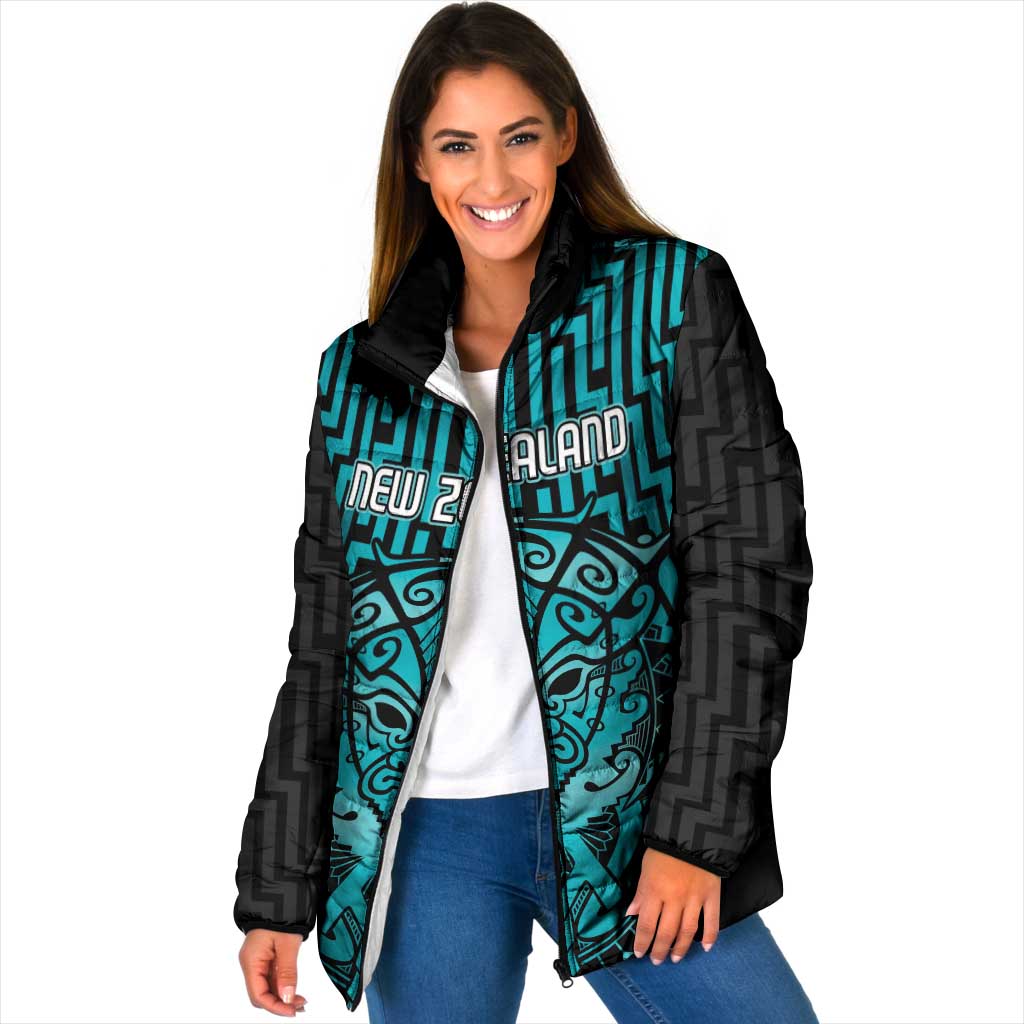 Custom Basketball New Zealand Padded Jacket Teal Maori Ta Moko Indigenous - Aussie Hoodie